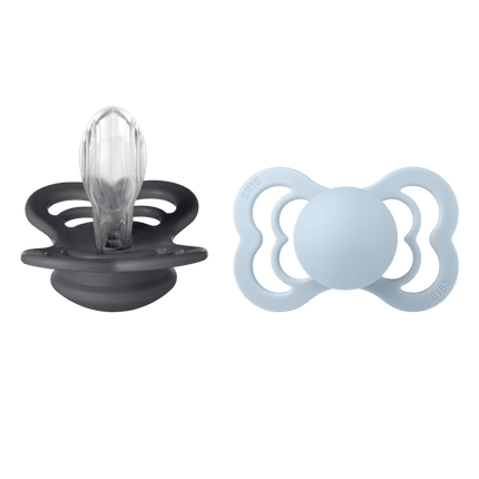 BIBS Speen Maat 1 Iron/Baby Blue Supreme Silicone 2st koop je bij Babywinkel
