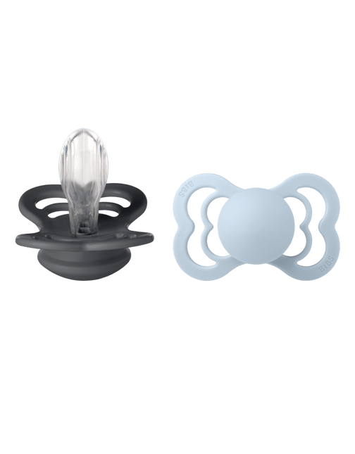 BIBS Speen Maat 1 Iron/Baby Blue Supreme Silicone 2st koop je bij Babywinkel