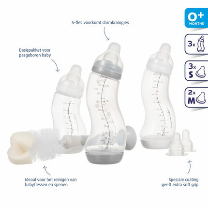 Difrax Startersset 2: 3 Fles Fles 5 Speen En Flesborstel koop je bij Babywinkel