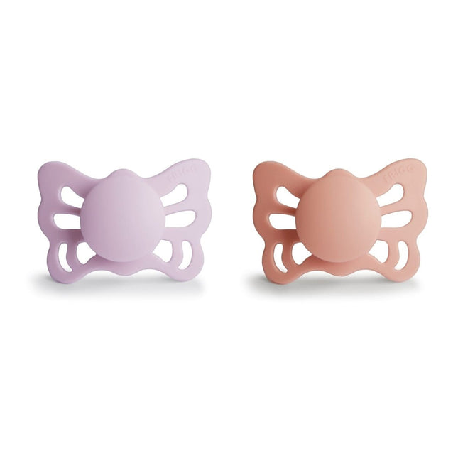 Frigg Speen Maat 1 Butterfly Soft Lilac/Pretty Peach Silicone 2 - Pack koop je bij Babywinkel
