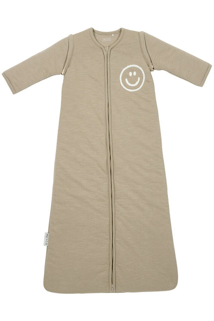 Meyco Baby Slub Met Smile Applicatie Baby Slaapzak Met Afritsbare Mouwen Taupe/Offwhite koop je bij Babywinkel