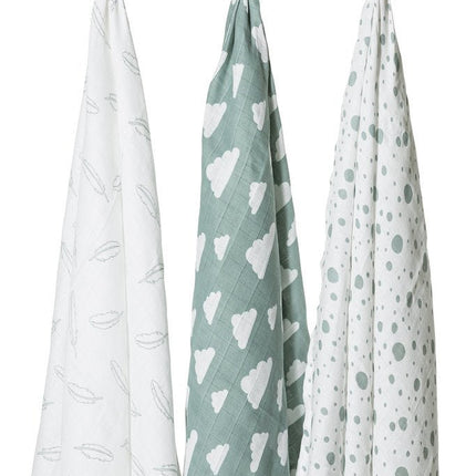 Meyco Hydrofiele Doek 3St Feathers - Clouds - Dots Stone Green/Wit koop je bij Babywinkel