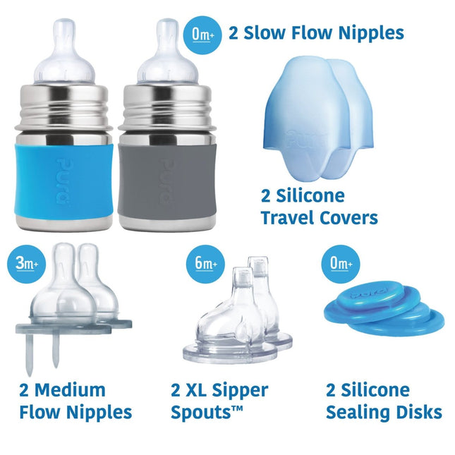 Pura Babyfles Staterset 150Ml Aqua/Grijs 12 delig koop je bij Babywinkel