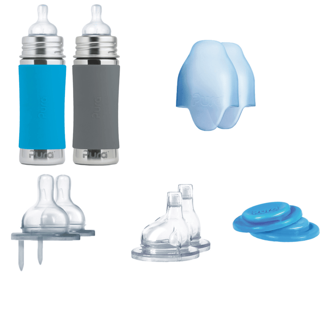 Pura Babyfles Staterset 325Ml Aqua/Grijs 12 delig koop je bij Babywinkel