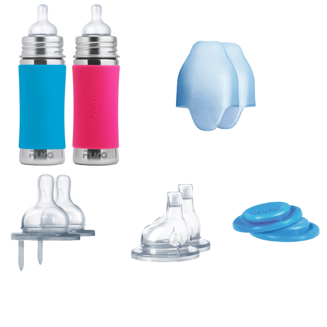 Pura Babyfles Staterset 325Ml Aqua/Roze 12 delig koop je bij Babywinkel