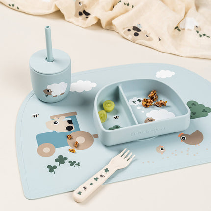 Siliconen drinkbeker met rietje, 2 - pack Tiny farm Blue koop je bij Babywinkel
